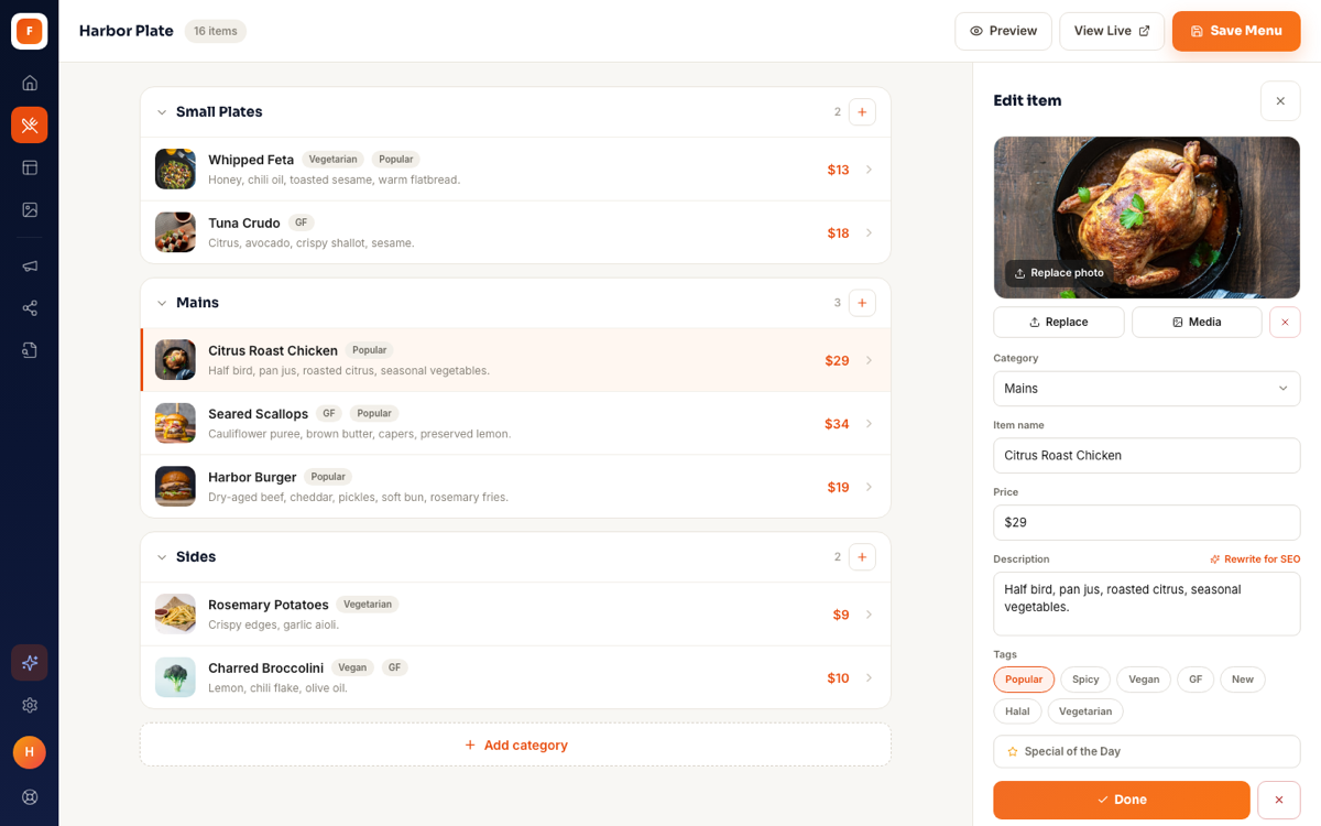 FoodPages menu management desktop