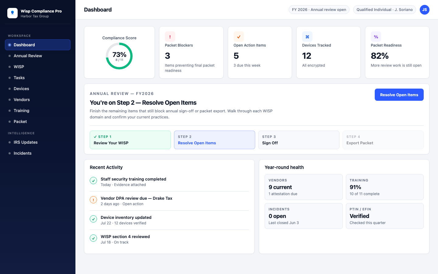 Wisp Compliance Pro dashboard